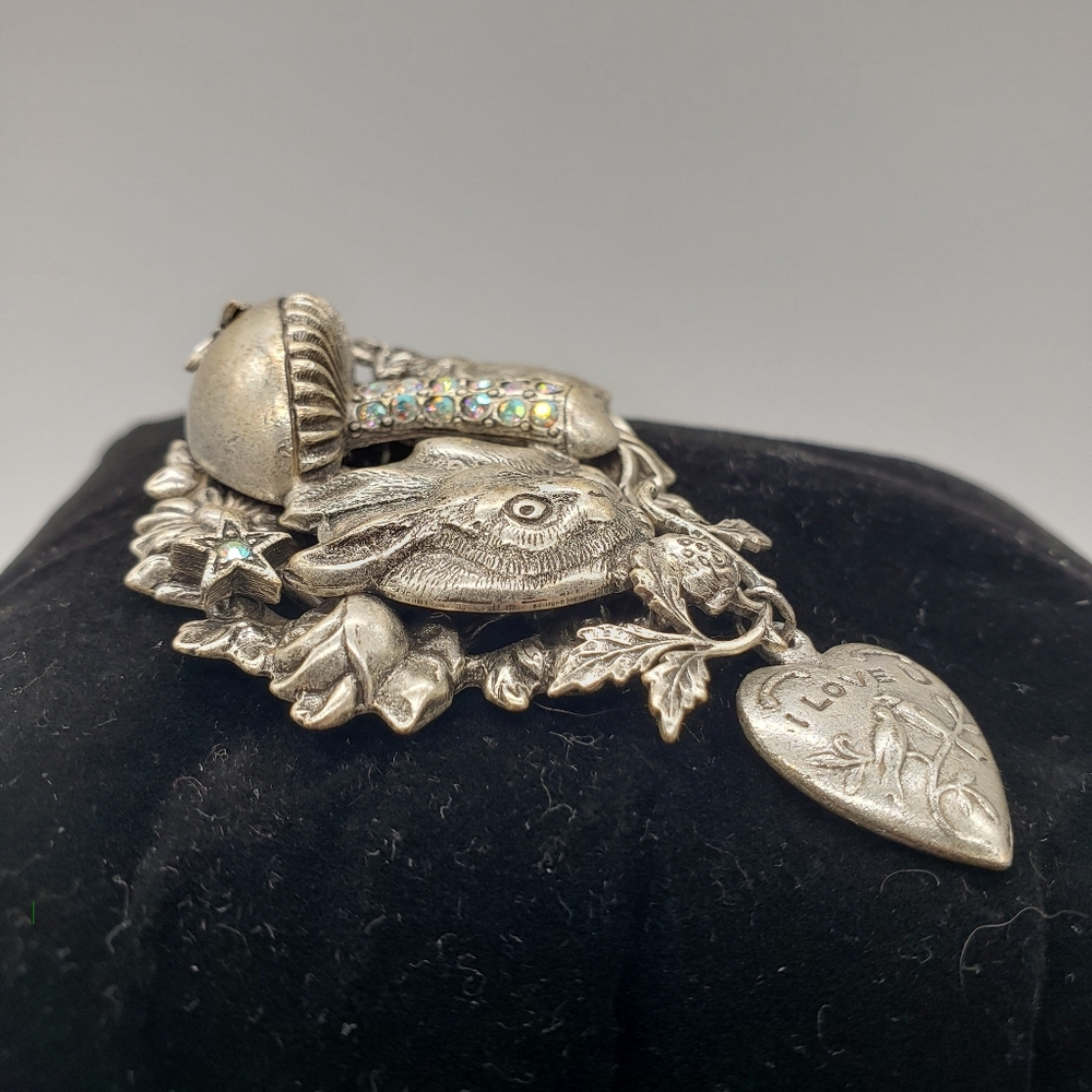 Kirks Folly Rabbit And Mushroom Silver Tone Brooch - image 3